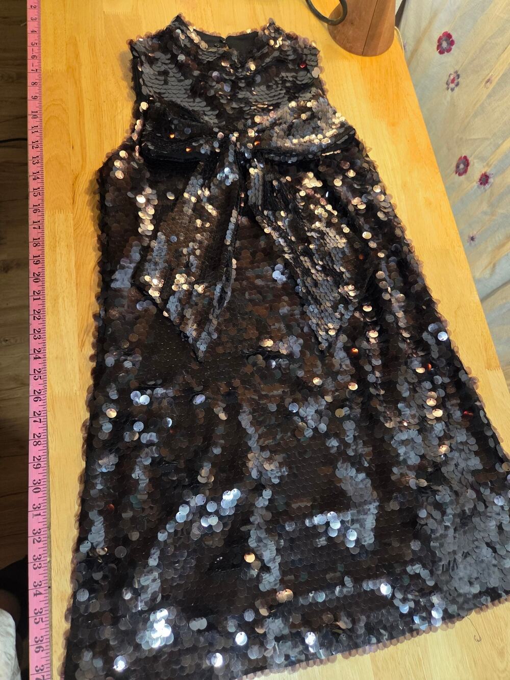 Ciebon XS black sequin sleeveless A-line mini dress bow mock collar